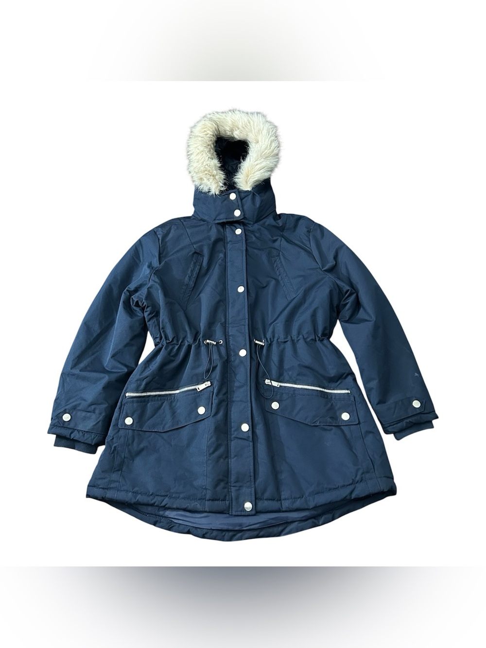 Yoki Navy Blue Hooded Puffer Coat with Faux Fur Trim Women’s size 1XL